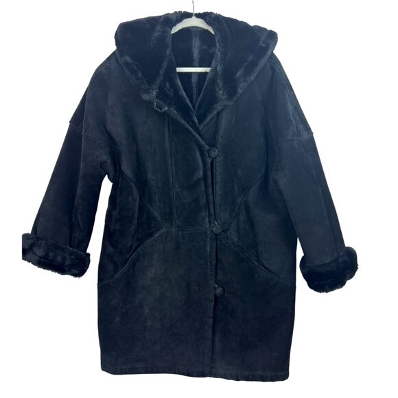 Vtg J.Percy Marvin Richards Women's M Black Suede Faux Fur Lined Coat Hooded 90s - Picture 2 of 14